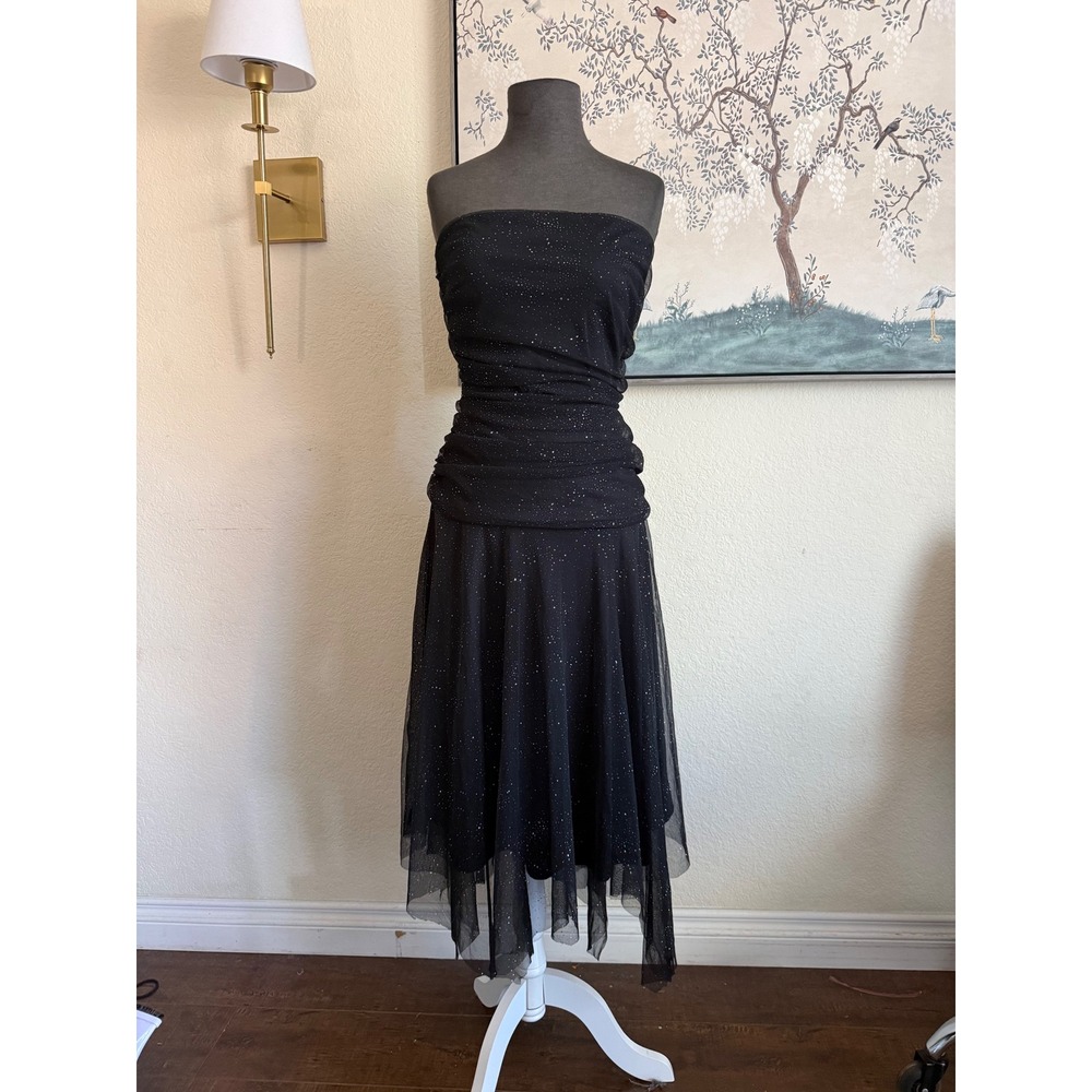 Trixxi Black Glitter Strapless Ruched Handkerchief Hem Mesh Midi Formal Dress